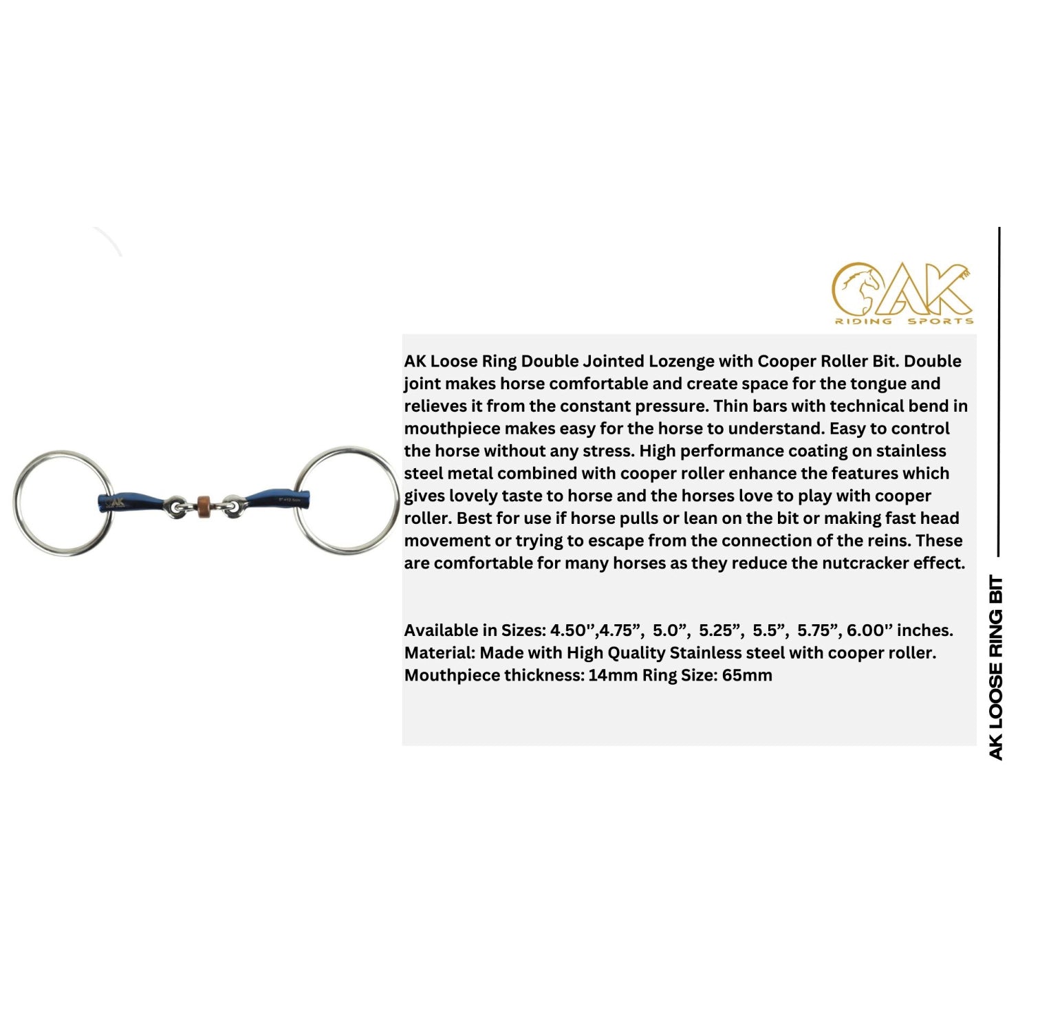 Bocado De Anillo Suelto AK Con Rodillo De Cobre Doble – Universal De 3 Anillas, 12 Mm, Acero Inoxidable